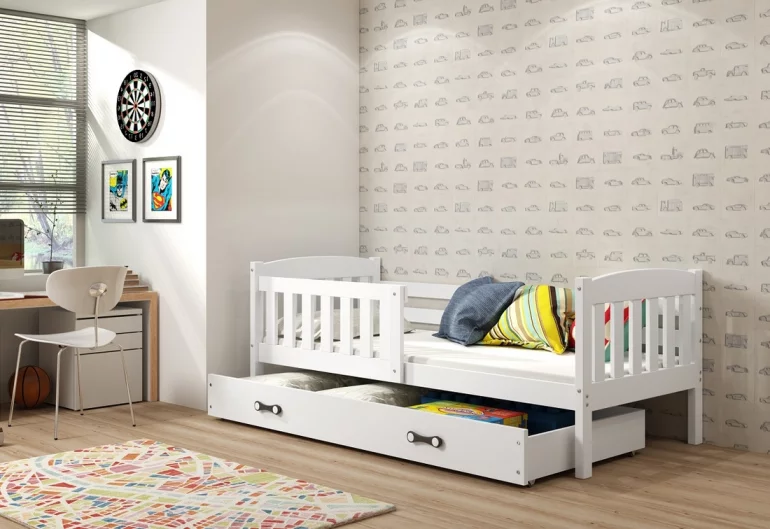 Kinderbett FLORENT + Stauraum + Matratze + Lattenrost - KOSTENLOS, 90x200, weiß, weiß