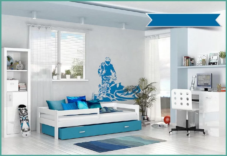 Kinderbett HARRY mit farbigem Bettkasten + Matratze, 80x160, weiß/blau