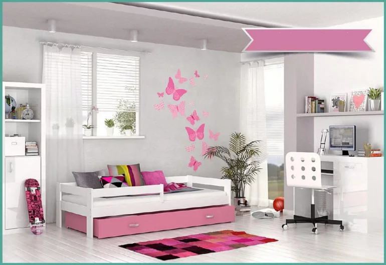 Kinderbett HARRY mit farbigem Bettkasten + Matratze, 80x160, weiß/rosa