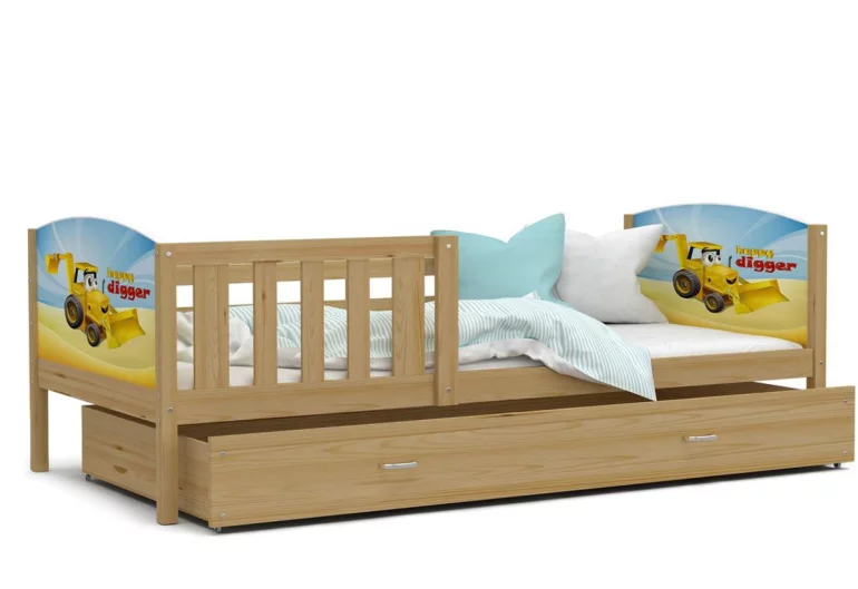 Kinderbett DOBBY P mit Märchen Muster + Matratze + Lattenrost - KOSTENLOS, 80x190, beiderseitiger Druck, Kiefer/MUSTER 24