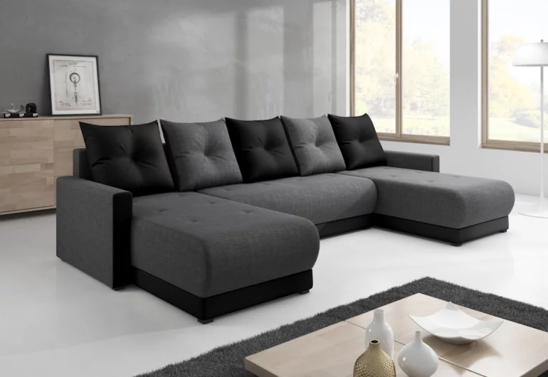 Sofa mit Schlaffunktion DESIGNIA in U-Form, 286x146, Microfaser, Microfaser10_04, grau/schwarz