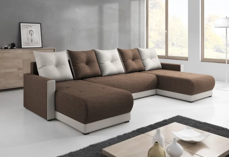 Sofa mit Schlaffunktion DESIGNIA in U-Form, 286x146, Microfaser, Microfaser67_00 weiß, braun/weiß