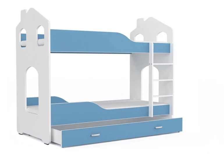 Etagenbett für Kinder PATRIK Häuschen + Matratze + Lattenrost - KOSTENLOS, 160x80, weiß/blau