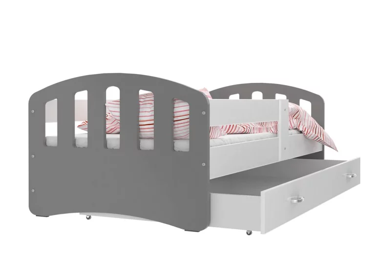 Dětská postel ŠTÍSTKO barevná + matrace + rošt ZDARMA, 140x80, šedá/bílá